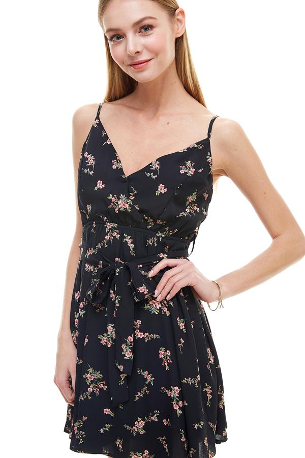Mini short dress Floral Surplice Sash Skater Dress