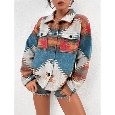 Geometric Jacquard Woolen Coat with Notched Lapel