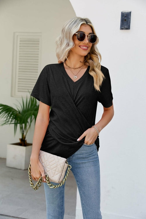 Casual Short-Sleeve V-Neck T-Shirt with Knotted Front
