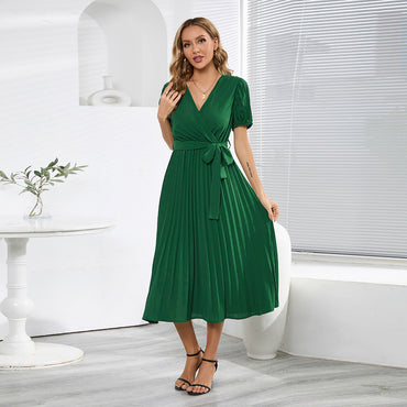 V-neck Puff Sleeve Pleated Dress
