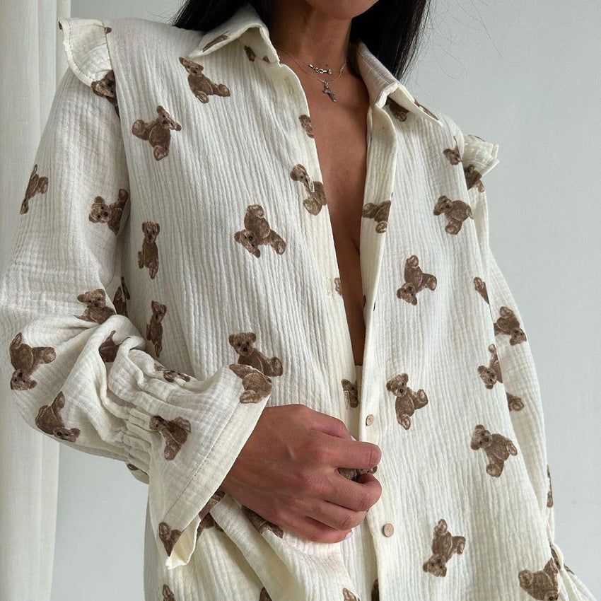 Autumn Japanese Bear Printed Loose Long Sleeves Pajamas Two Piece Set