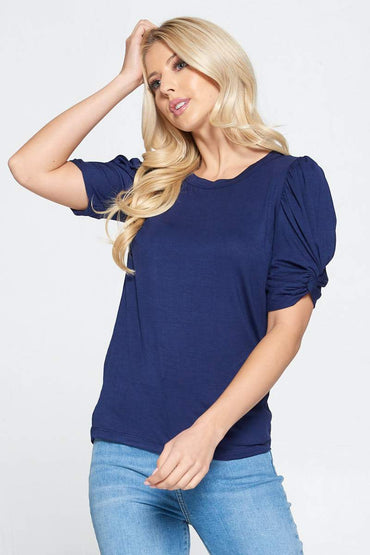 Solid Short Sleeve Top with Scrunched Sleeves