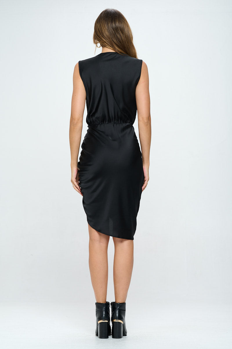 Stretch Satin Ruched Dress with Asymmetrical Hem