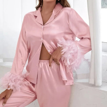 BKQU Pajamas Feathers Sleepwear Female 2 Piece Long Sleeve Turn Down Collar Tops Satin Casual Women Sets With Pants Autumn 2023