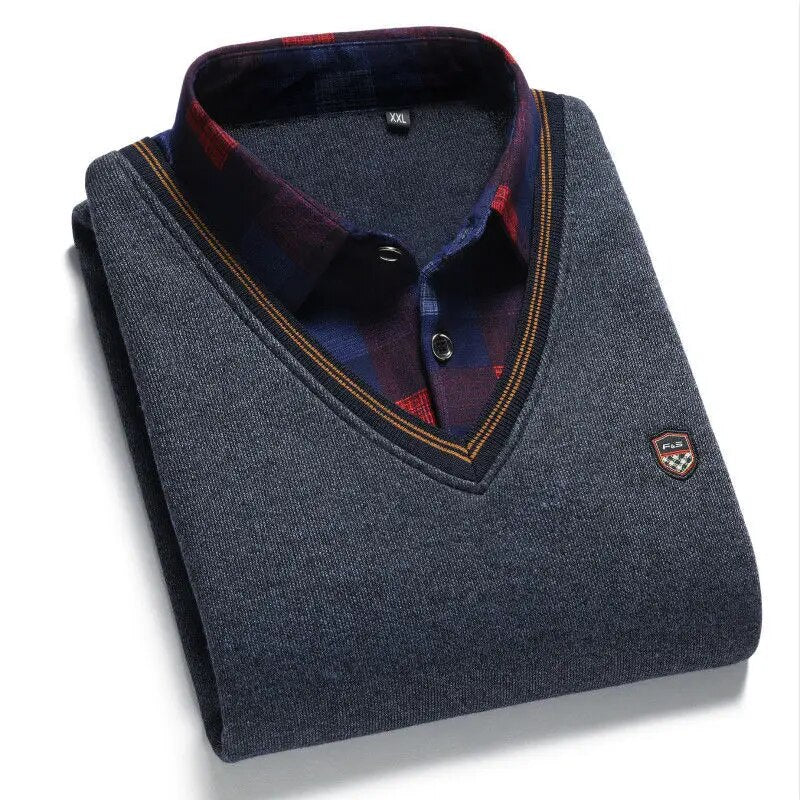 Autumn Winter Men's Long Sleeve Sweater Shirts Fake Two Pieces Pullovers Fleece Thick Shirt Knitted Casual Clothing 4XL