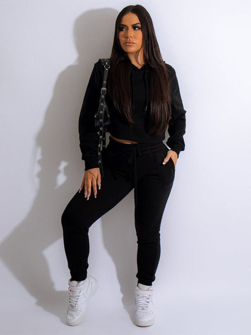 Women's solid color casual hooded sweatshirt suits