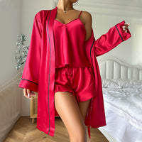 Ice Silk Pajamas Women Suspender Shorts Nightgown Three Piece Summer