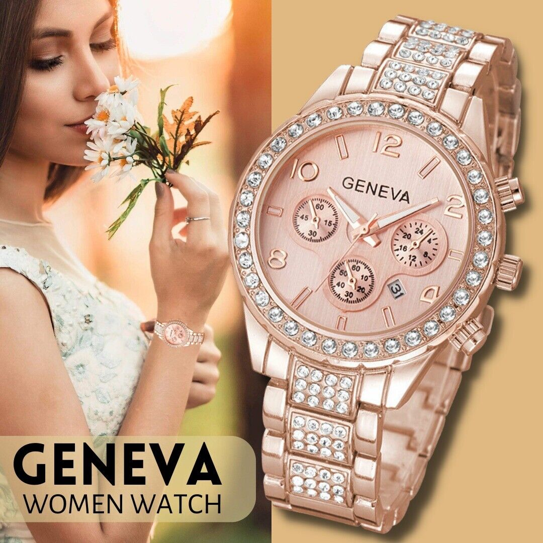 Luxury Classic Stainless Steel Crystal Quartz Round Wrist Watch for Women