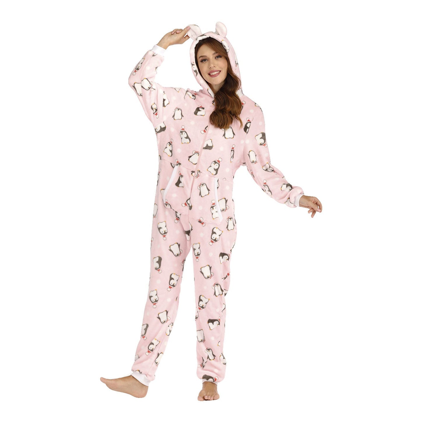 Women  Flannel Christmas Animal Print Jumpsuit Pajamas Homewear