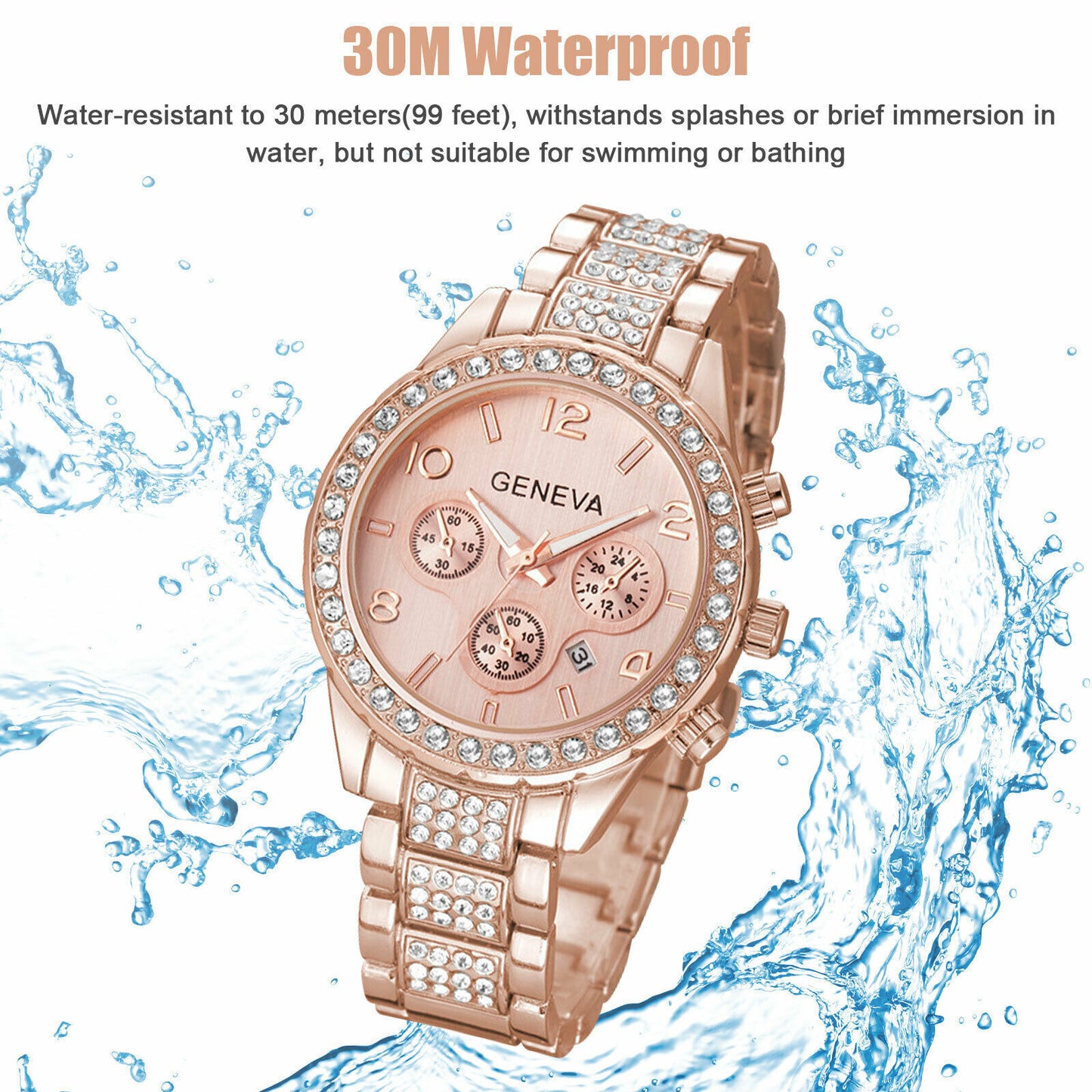 Luxury Classic Stainless Steel Crystal Quartz Round Wrist Watch for Women
