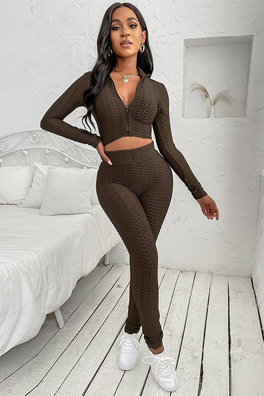 Brown Two-piece Crop Top and High Waist Leggings Yoga Wear Tracksuit