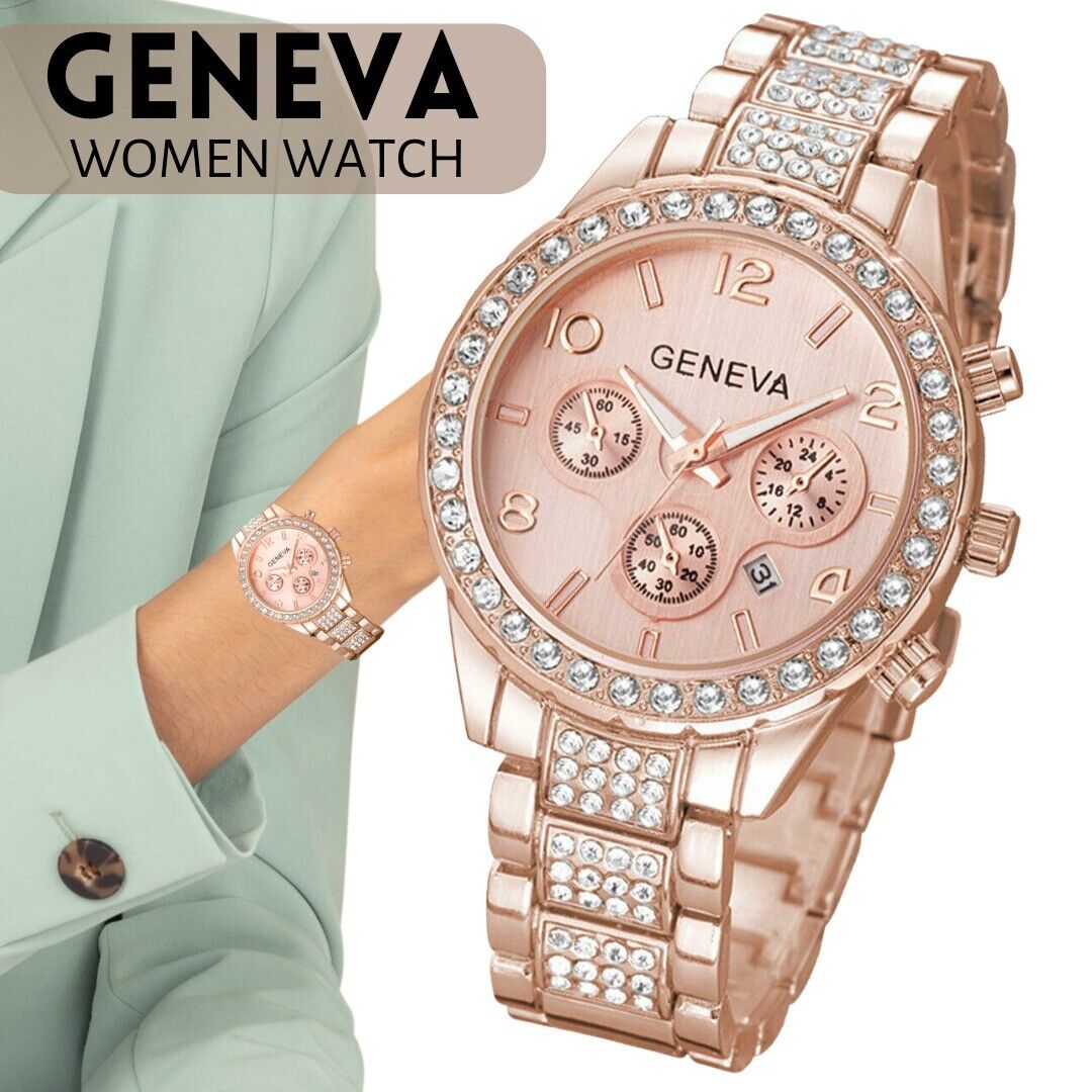 Luxury Classic Stainless Steel Crystal Quartz Round Wrist Watch for Women