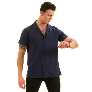 Navy Solid European Made & Designed Hawaiian Summer Shirts For Men