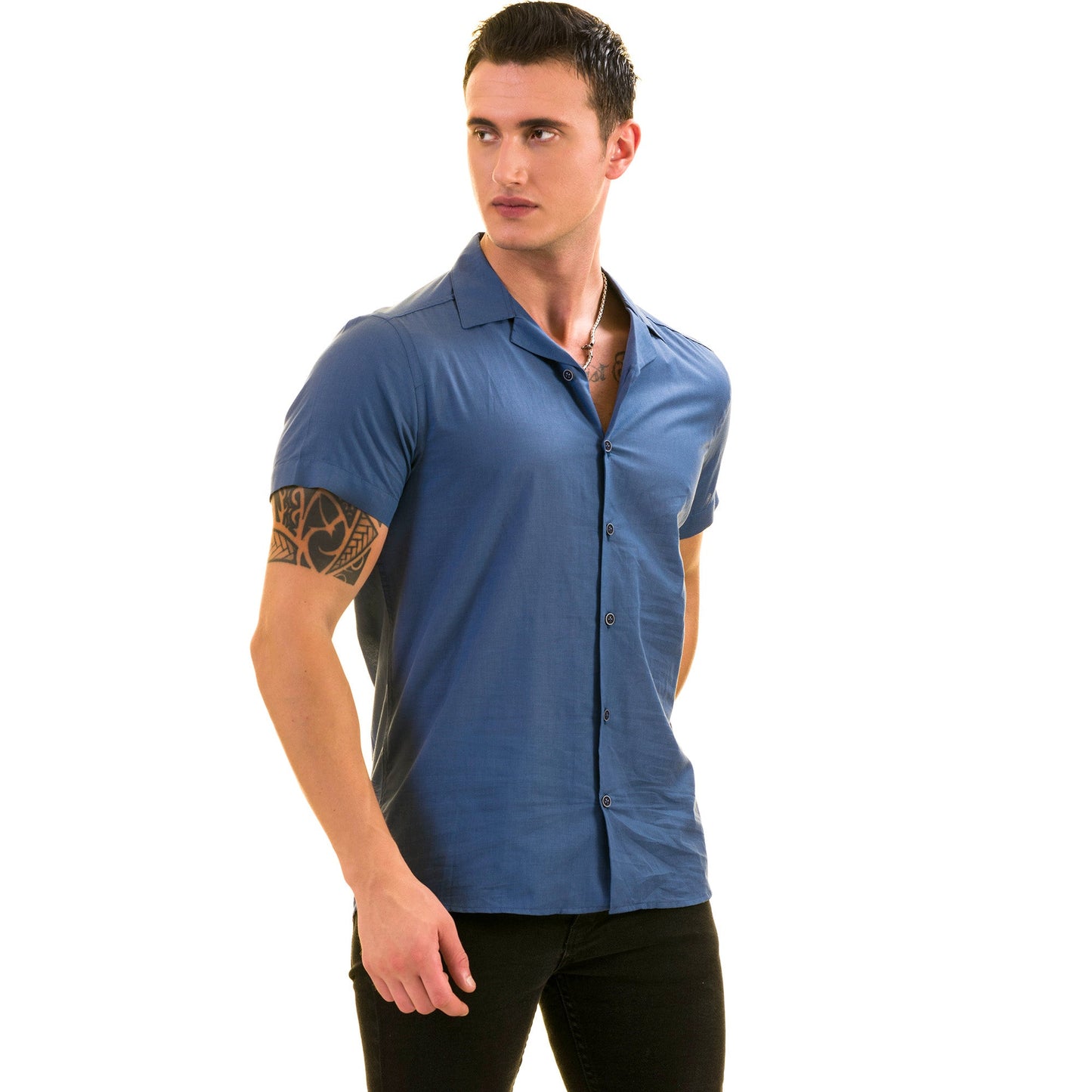 Metalic Blue European Made & Designed Hawaiian Summer Shirts For Men
