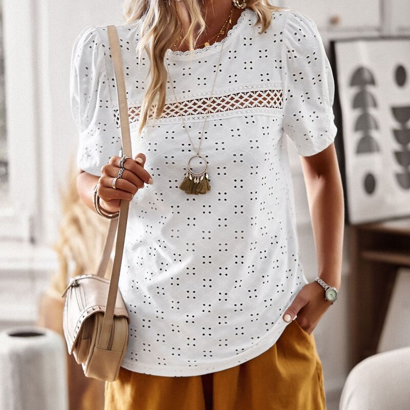Lace Blouses Casual Hollow Out O Neck Women Shirt