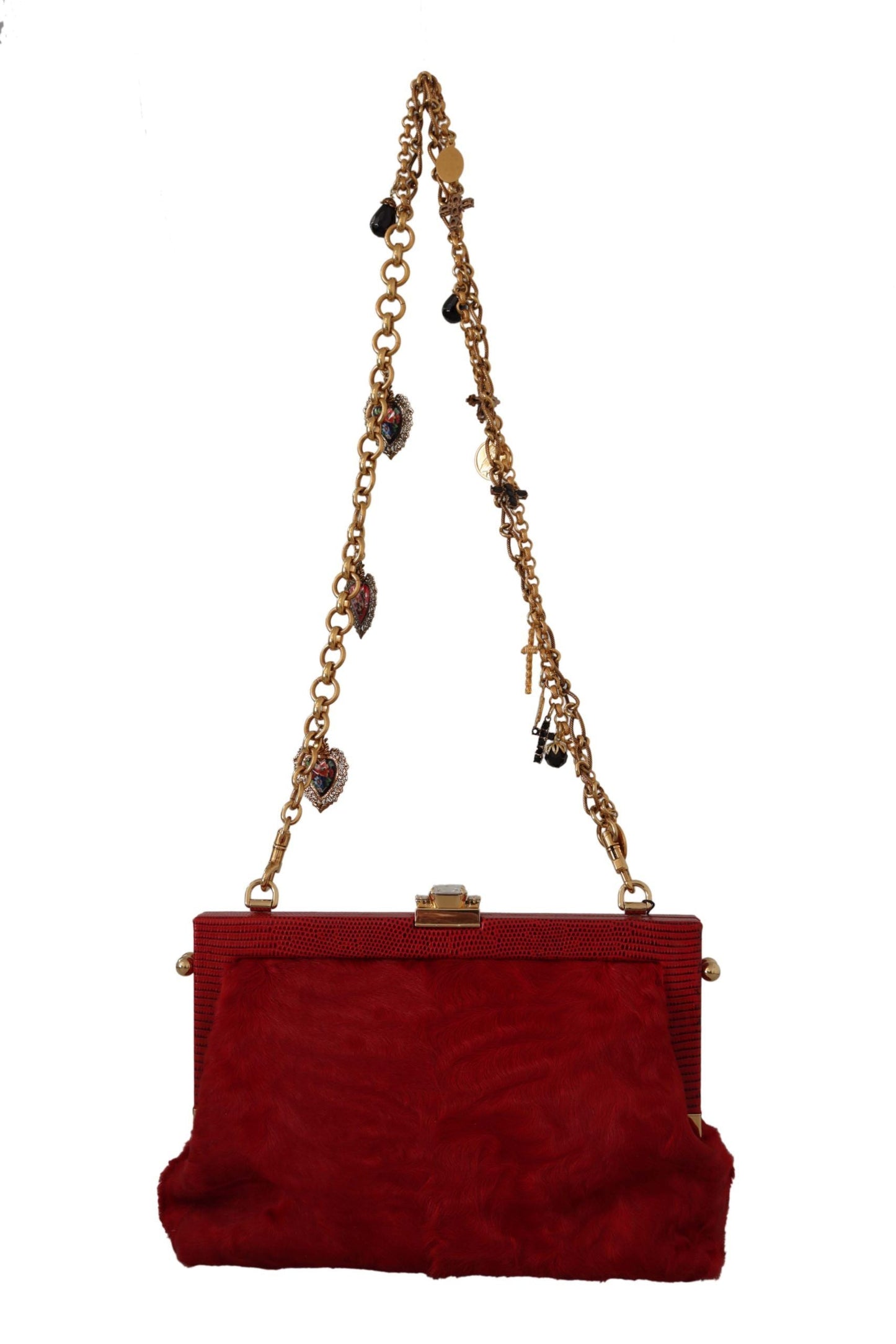 Dolce & Gabbana Red Fur Brocade Crystal Shoulder Women VANDA Purse