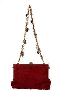 Dolce & Gabbana Red Fur Brocade Crystal Shoulder Women VANDA Purse