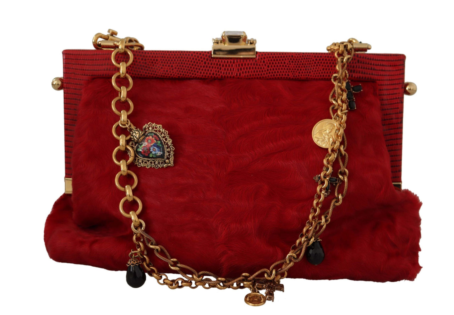 Dolce & Gabbana Red Fur Brocade Crystal Shoulder Women VANDA Purse