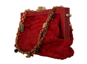 Dolce & Gabbana Red Fur Brocade Crystal Shoulder Women VANDA Purse
