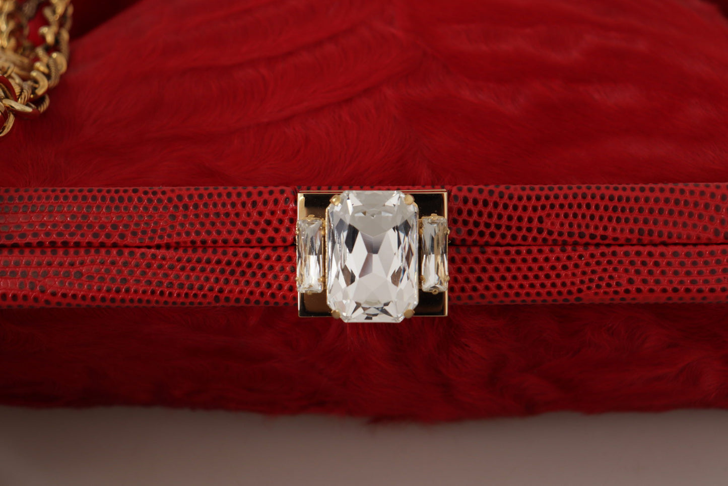 Dolce & Gabbana Red Fur Brocade Crystal Shoulder Women VANDA Purse
