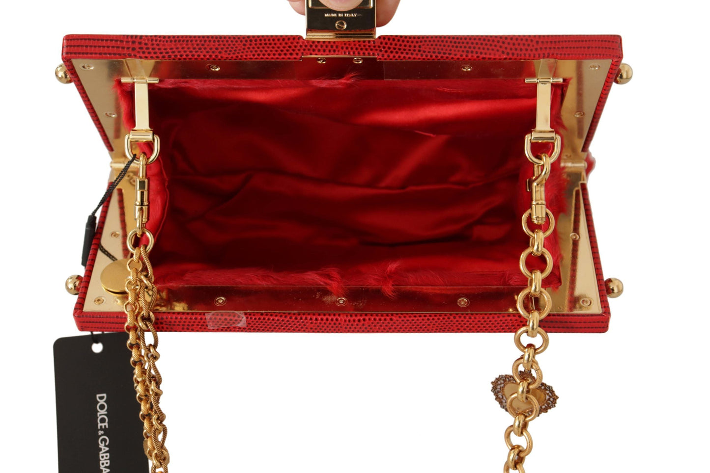 Dolce & Gabbana Red Fur Brocade Crystal Shoulder Women VANDA Purse