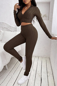 Brown Two-piece Crop Top and High Waist Leggings Yoga Wear Tracksuit