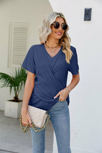 Casual Short-Sleeve V-Neck T-Shirt with Knotted Front