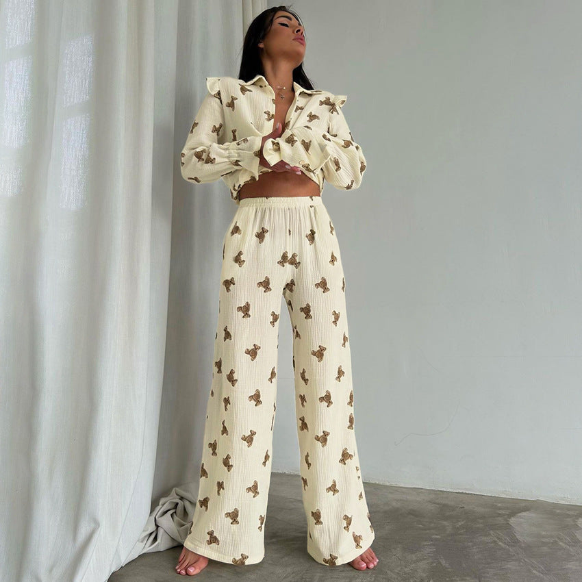 Autumn Japanese Bear Printed Loose Long Sleeves Pajamas Two Piece Set
