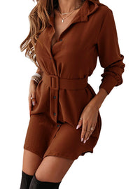 Belted Slim Fit Long Sleeve Turn-Down Collar Dress