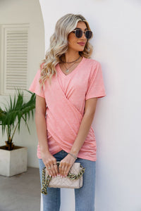 Casual Short-Sleeve V-Neck T-Shirt with Knotted Front
