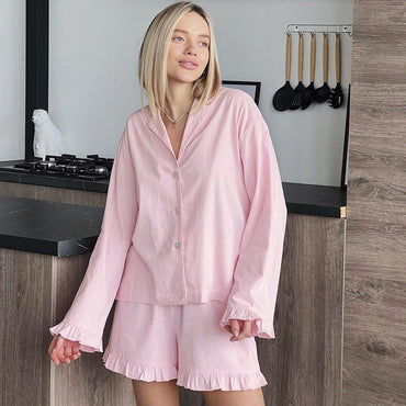 Autumn Long Sleeve Shorts Pajamas Pure Cotton Wooden Ear Loose Ladies