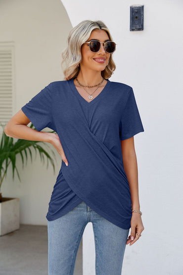 Casual Short-Sleeve V-Neck T-Shirt with Knotted Front