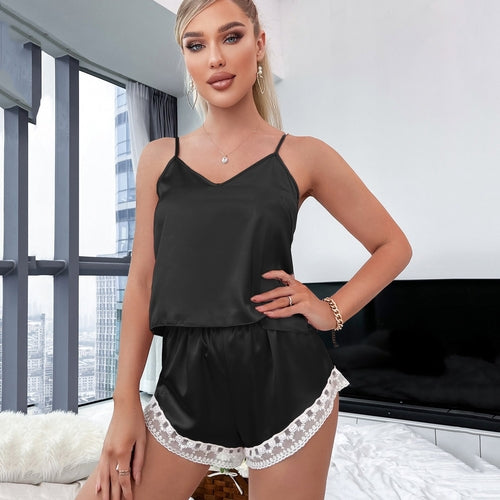 Ice Silk Pajamas Women Sexy Sling Dress Shorts two piece set Summer