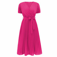 V-neck Puff Sleeve Pleated Dress