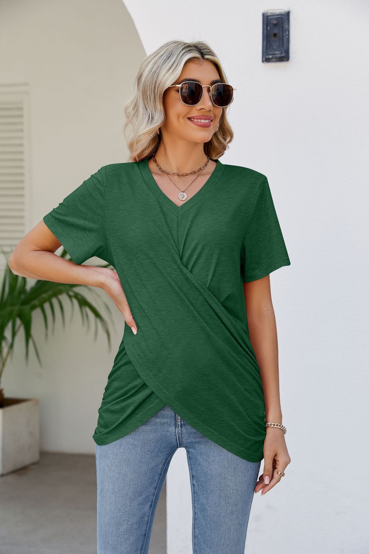 Casual Short-Sleeve V-Neck T-Shirt with Knotted Front