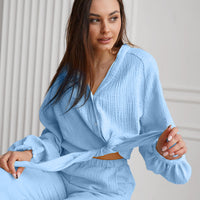 Autumn Winter Blue Color Simple Outdoor Long Sleeved Trousers Pajamas