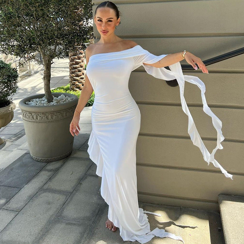 Sex One-shoulder Pleated Solid Color Dress
