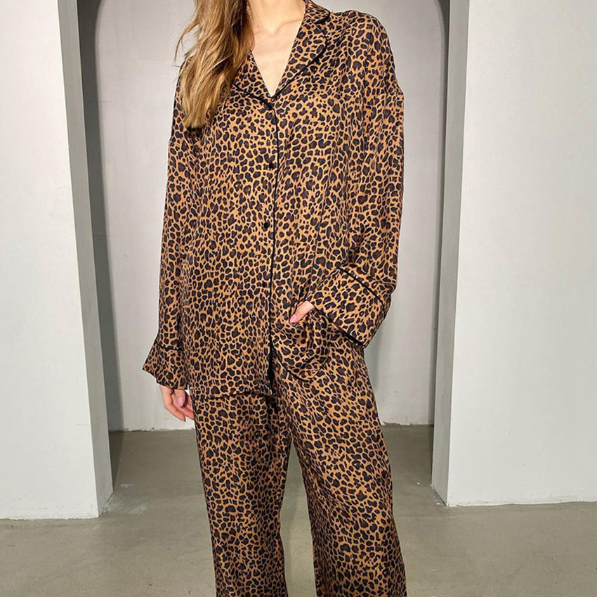 Leopard Print Shirt Long Sleeved Trousers Pajamas Two Piece Set Home