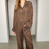 Leopard Print Shirt Long Sleeved Trousers Pajamas Two Piece Set Home