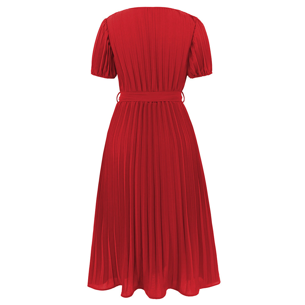V-neck Puff Sleeve Pleated Dress
