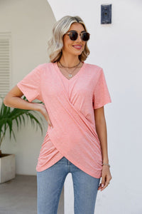 Casual Short-Sleeve V-Neck T-Shirt with Knotted Front