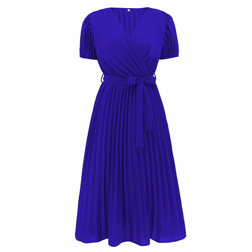 V-neck Puff Sleeve Pleated Dress
