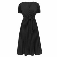 V-neck Puff Sleeve Pleated Dress