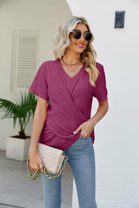 Casual Short-Sleeve V-Neck T-Shirt with Knotted Front