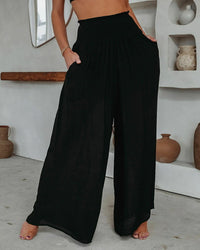 Loose Cotton Wide-Leg Pants with Elastic Waistband and Pockets