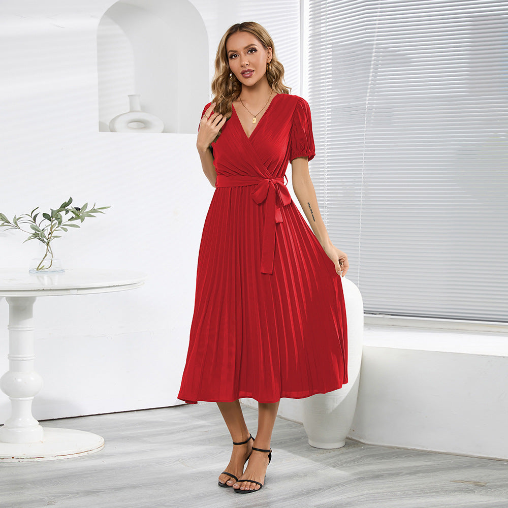 V-neck Puff Sleeve Pleated Dress