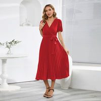 V-neck Puff Sleeve Pleated Dress