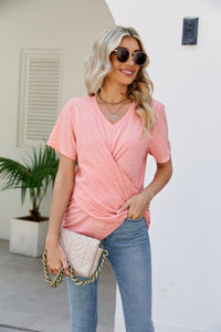 Casual Short-Sleeve V-Neck T-Shirt with Knotted Front
