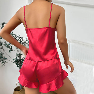Ice Silk Pajamas Women Suspender Shorts Nightgown Three Piece Summer