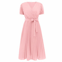 V-neck Puff Sleeve Pleated Dress